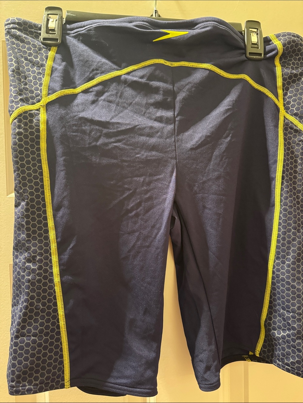 Speedo Men's Navy Swim Hybrids with yellow Contrast for swim and fitness. - Picture 2 of 3